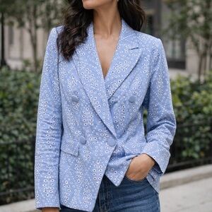 Boston Proper Double Breasted Light Blue Embroidered Eyelet Blazer Fully Lined 6